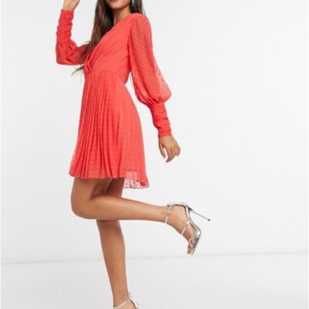 ASOS DESIGN Red Swiss Dot Pleated Mini Dress | US 8 | Wrap V Neck